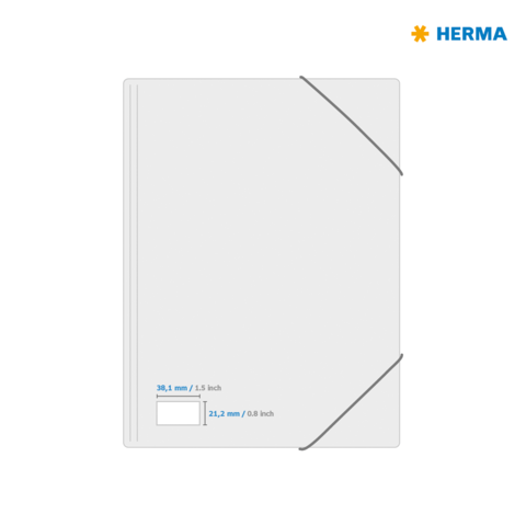 Leeres, graues Dokumentenheft mit elastischem Verschluss, Maße: 38,1 mm x 21,2 mm. Logo von HERMA in der oberen rechten Ecke.