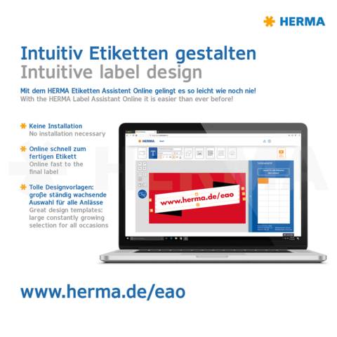 Intuitives Etikettendesign mit dem HERMA Etikettenassistenten. Online, keine Installation nötig, schnelle Auswahl an Vorlagen.