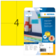 Gelbe Etiketten auf einer Verpackung, die die Verwendung von farbigen Etiketten beschreibt. Enthält Informationen zu Größe und Artikelnummer.