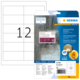 Ein Paket mit strapazierfähigen Etiketten von Herma, das die Nummer 12 zeigt, mit einer Beschreibung und Hinweisen zur Nutzung.