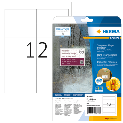 Ein Paket mit strapazierfähigen Etiketten von Herma, das die Nummer 12 zeigt, mit einer Beschreibung und Hinweisen zur Nutzung.