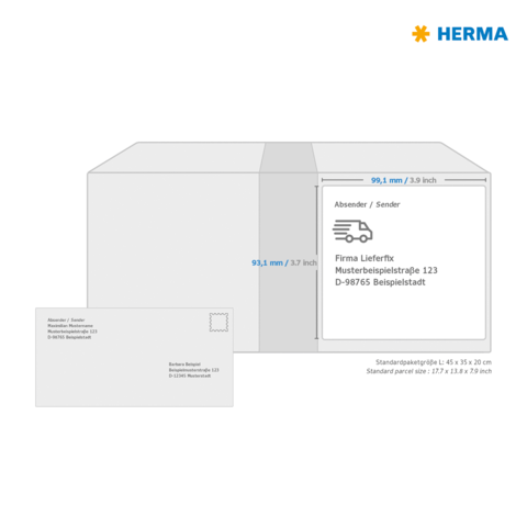 Versandkarton mit Absenderinformationen und Adressdetails für eine Lieferung. Enthält Maße und Standardbriefgröße.
