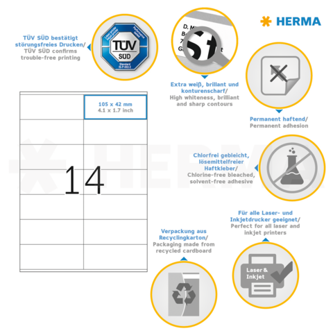 TÜV SÜD conferma la stampa senza problemi. Etichette autoadesive, sbiancate senza cloro, adatte per stampanti laser e inkjet. Imballaggio in cartone riciclato.