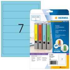 Bunte Ordneretiketten von Herma, mit der Nummer 7, zur Kennzeichnung von Aktenordnern. Verpackung zeigt verschiedene Farben und Anwendungsbeispiele.