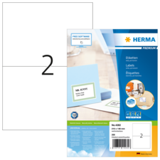 Etikettenpackung von HERMA mit 200 selbstklebenden Etiketten. Auf der Vorderseite sind Beispiele für Etiketten und Softwarehinweise abgebildet.
