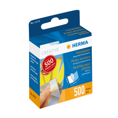 Packung mit 500 Fotoklebern von Herma, geeignet für das dauerhafte Anbringen von Fotos und anderen Materialien.