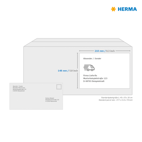 Versandkarton mit Abmessungen und Adressfeld für den Absender. Enthält Informationen zu Paketgröße und Versanddetails.