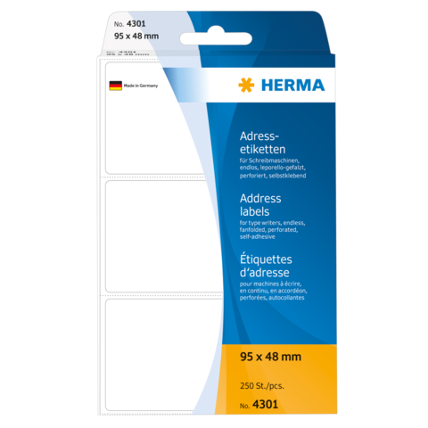 Adressetiketten von HERMA, 250 Stück, Größe 95 x 48 mm, geeignet für Schreibmaschinen und Drucker.