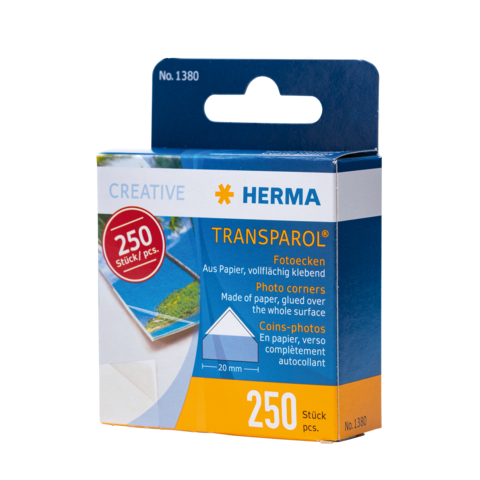 Verpackung mit 250 selbstklebenden Fot Ecken aus Papier, geeignet zum Befestigen von Fotos. Marke: HERMA, Produktnummer: 1380.