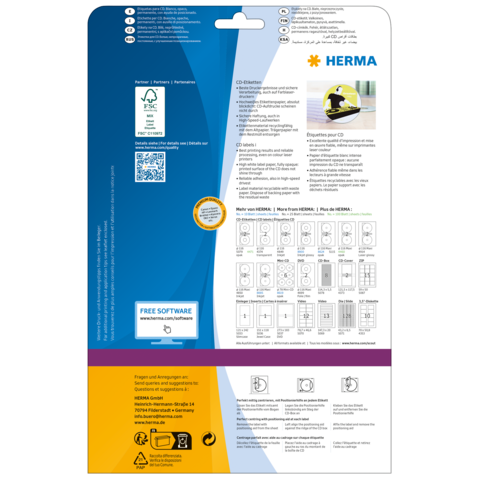 Rückseite einer Verpackung mit Informationen zu CD-Etiketten von HERMA, einschließlich Softwarehinweisen und Anwendungshinweisen.