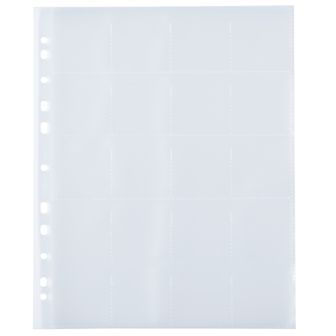 Leere, durchsichtige Sammelmappe mit mehreren Fächern für Dokumente, mit gelochten Seiten für Ordner.