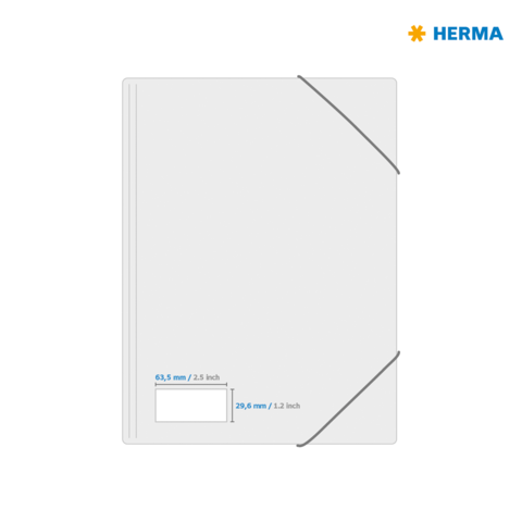 Transparentes Dokumentenblatt mit Maßen: 63,5 mm (2,5 Zoll) und 20,6 mm (1,2 Zoll). Hersteller: HERMA.