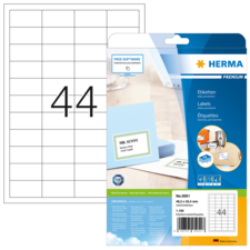 Etikettenpackung von Herma mit der Nummer 44, inklusive Beispieletiketten und Hinweis auf kostenlose Software zur Gestaltung.