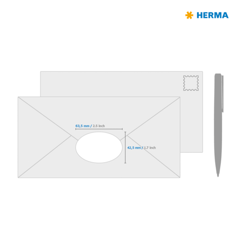 Ein Briefumschlag mit Maßangaben: 63,5 mm x 42,5 mm. Rechts oben ist ein Platz für eine Briefmarke.