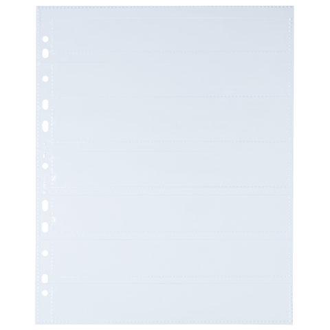 Leeres, transparentes Blatt mit mehreren horizontalen Fächern und Lochungen auf der linken Seite für einen Ordner.