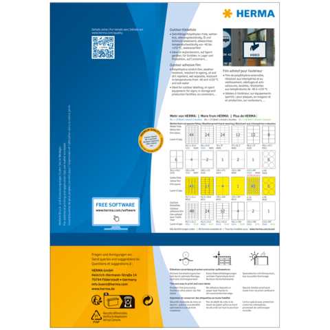 Produktinformation von HERMA, einschließlich QR-Code, Softwarehinweise und Anleitungen zur Verwendung von Etiketten.